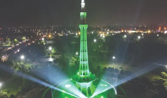 minar e pakistan is bathed in the colours of the national flag as part of the preparations for the 78th independence day photo nni