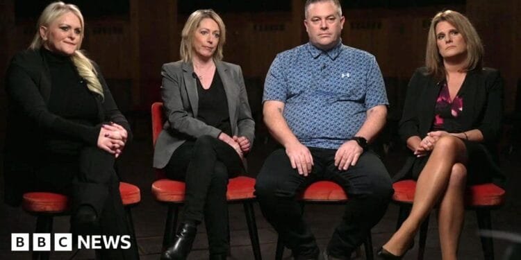 Parents suing TikTok over children's deaths say it 'has no compassion' 1 From left to right: Parents Hollie Dance, Lisa Kenevan, Liam Walsh and Ellen Roome sitting on chairs