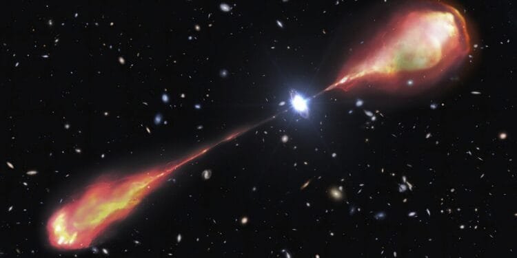 Telescopes spy a monster radio jet streaming from a bright and early object in the universe 1 Telescopes spy a monster radio jet streaming from a bright and early object in the universe