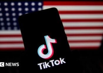 The TikTok logo is seen in this illustration photo with Trump in the background