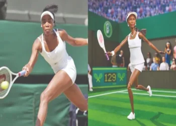 at left venus williams in action on court and at right the barbie honouring her photo courtesy mattel